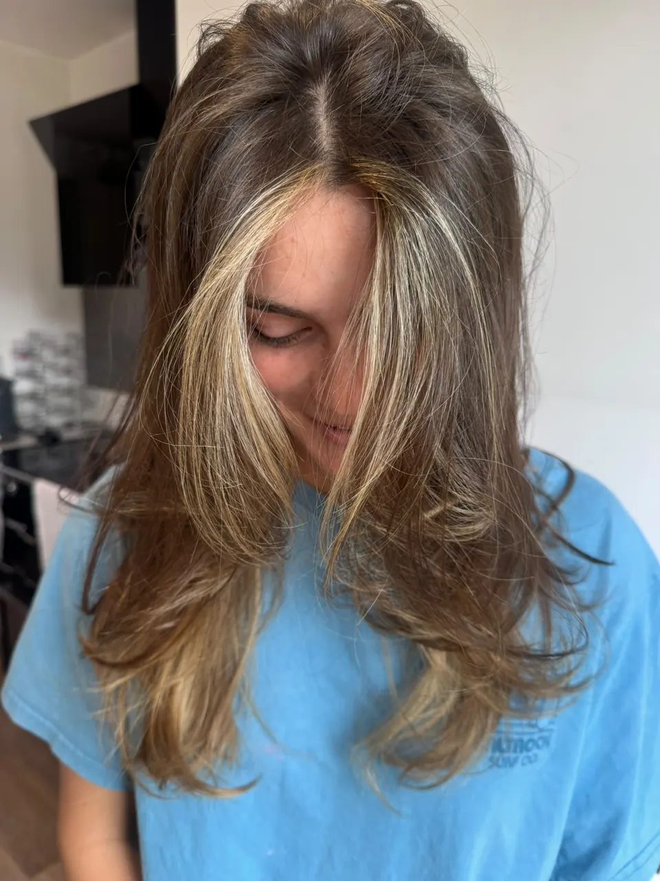 Long brunette hair with bright face-framing highlights
