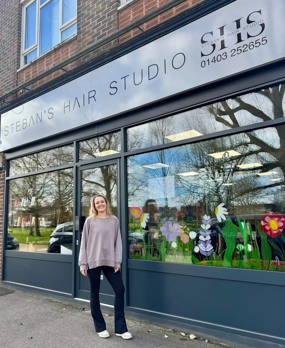 Harriet outside Steban's Hair Studio in Caterways, Horsham, where she works on Mondays and Tuesdays